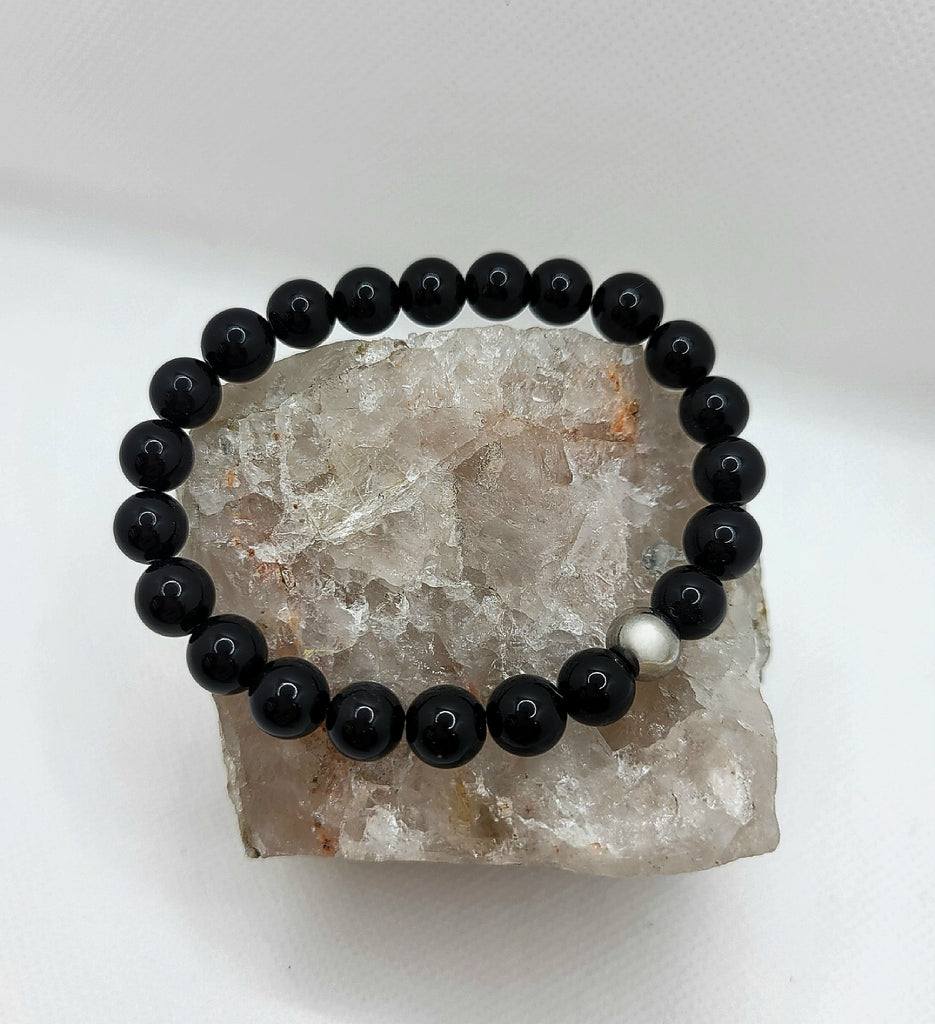 Black Obsidian and Stainless Steel Gemstone Bracelet